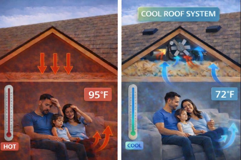 Riverside Inland Empire home showing 130 degree attic heat pushing into living space compared to a cool roof system maintaining indoor comfort