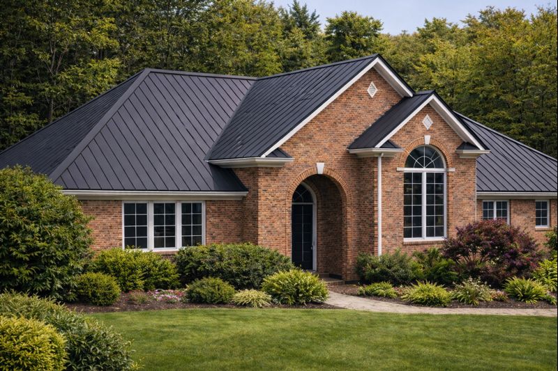 Charcoal standing seam metal roof installation on a residential brick home