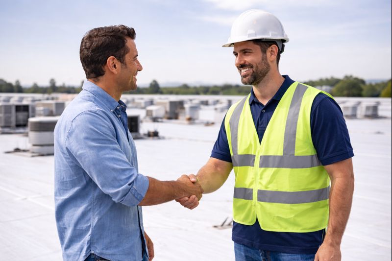 Commercial roofing contractor shaking hands with a client on a flat TPO roof in Riverside and Orange County