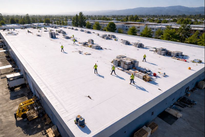 Commercial TPO roof installation on a large flat-roof building with crews working across the Inland Empire and Orange County