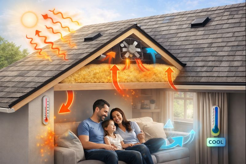 Illustration of a complete cool roofing system with asphalt composition shingles, attic insulation, O’Hagin vents, and a QuietCool fan designed to keep homes cooler in Riverside, the Inland Empire, and Orange County