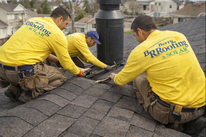 Emergency roof leak repair in Riverside, California showing Berry Roofing & Solar technicians repairing shingles and flashing around a chimney