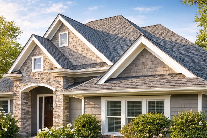 Front view of a Riverside California home featuring a professionally installed asphalt composition cool roofing system with architectural shingles and clean roof lines