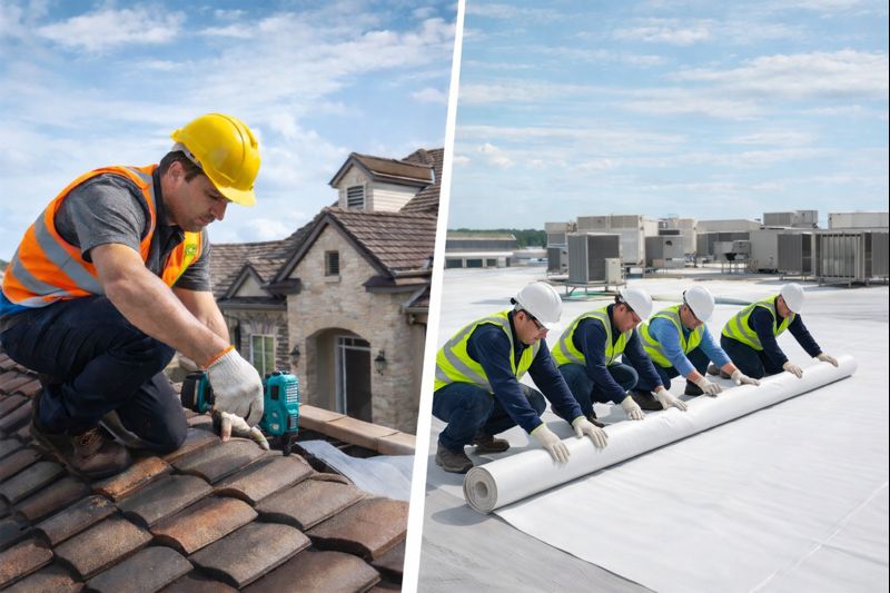 Commercial and residential roofing crews installing tile roofing on a home and TPO membrane roofing on a commercial building in Riverside, California.