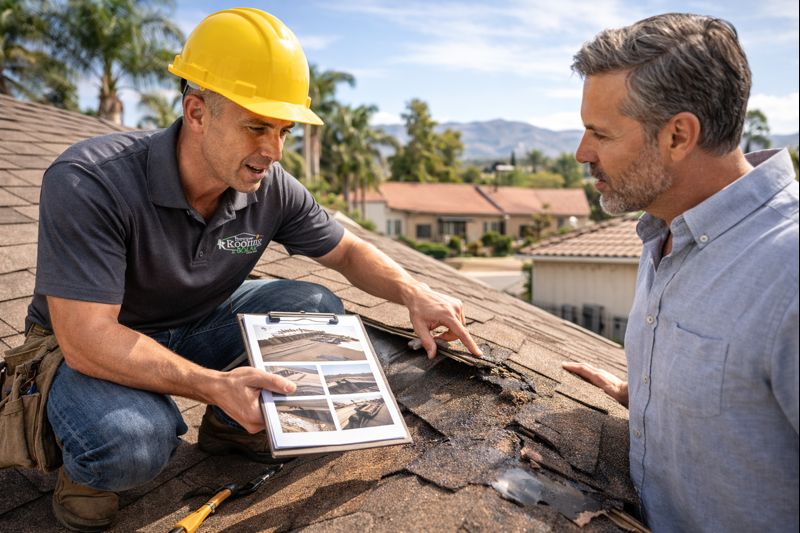 Berry Roofing & Solar inspector explaining roof issues to homeowner in Riverside California