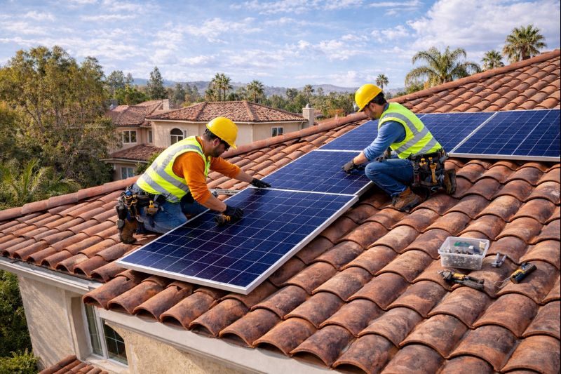 Solar panel reset on clay tile roof repairing roof leak beneath solar panels in Riverside California