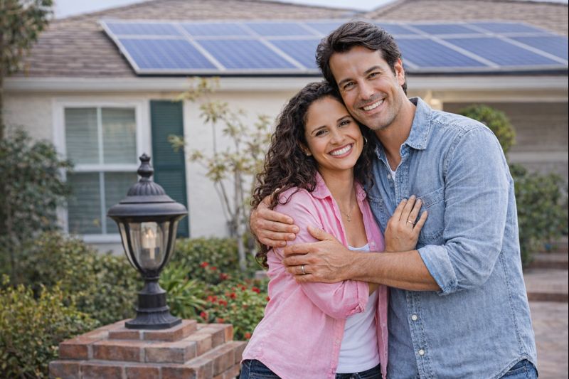 Happy homeowners standing in front of their home after a professional solar panel reset and roof service