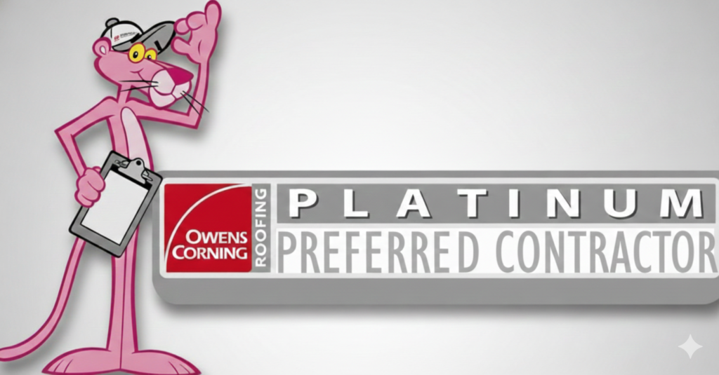 Owens Corning Platinum Preferred Contractor badge with Pink Panther for Berry Roofing & Solar in Riverside, CA