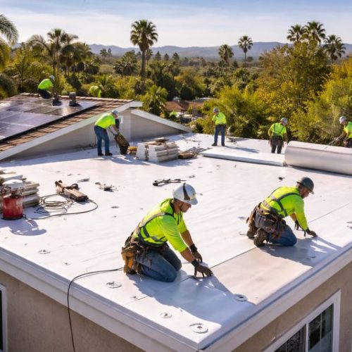 Low-slope residential TPO roof installation on a Southern California home showing professional membrane installation and clean workmanship