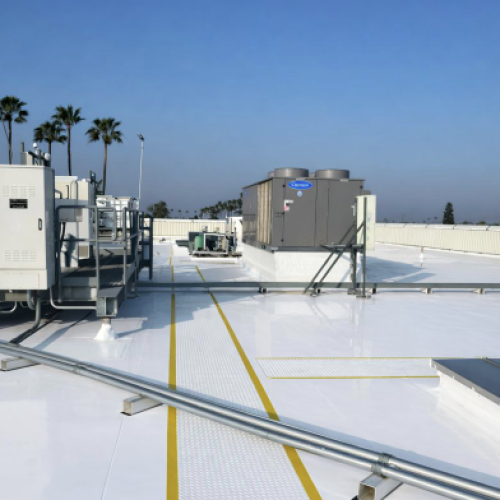 New white TPO roof system installed on commercial building in Riverside, CA