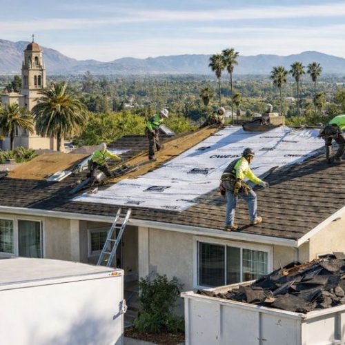 High-end residential roof replacement in Riverside, California showing professional roofing installation on a Southern California home