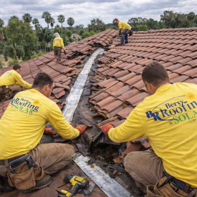 Emergency tile roof leak repair crew in Riverside, California wearing yellow shirts while removing tiles and repairing damaged underlayment and flashing