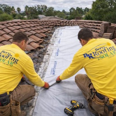 Emergency tile roof valley leak repair in Riverside, California showing two technicians installing new underlayment to stop water intrusion