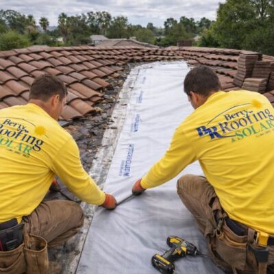 Emergency tile roof valley leak repair in Riverside, California showing two technicians installing new underlayment to stop water intrusion